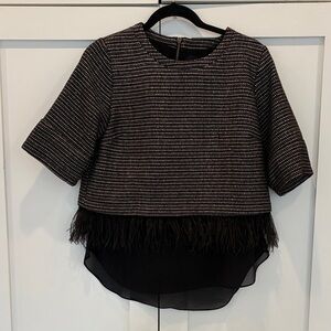 Greylin mixed media Chic Black and White tweed Top with feather